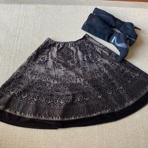MSK Brown Velvet Embossed Satin Full Flare A Line Midi Skirt Large